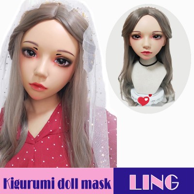 (Ling)Crossdress Sweet Girl Resin Half Head Female Kigurumi Mask With BJD Eyes Cosplay Anime Doll Mask